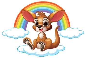 Cute Cartoon Baby Kangaroo Sitting on Clouds with Rainbow Background © GraphicsRF
