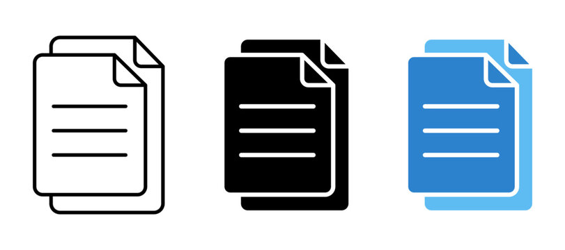 Set of three document file icons including outline black and blue colored versions representing digital paper sheet storage