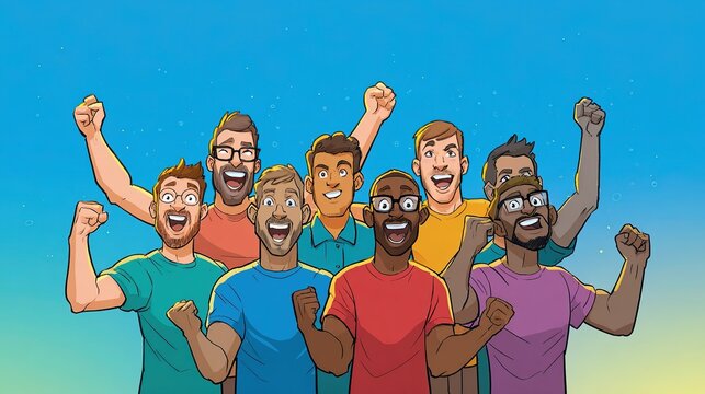 Vibrant cartoon illustration of eight cheerful men with raised arms and varied hand gestures on gradient blue background, diverse characters in colorful tees, upper body portrait