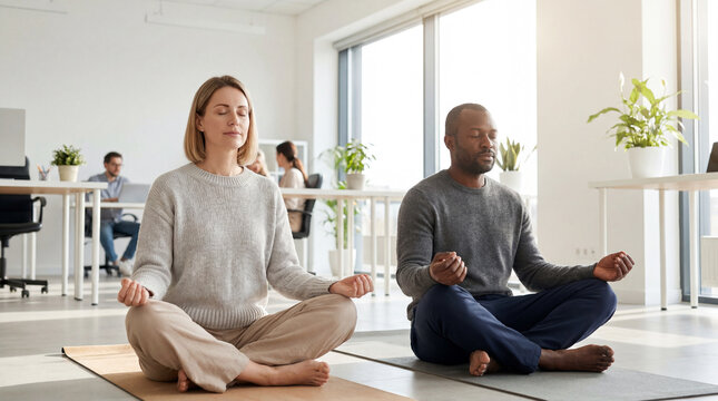 Diverse business professionals practicing group meditation mindfulness in bright open office space for workplace wellness and mental health