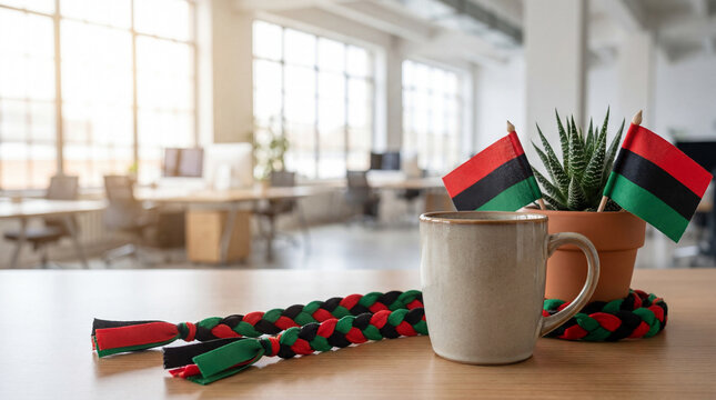 Juneteenth celebration office desk coffee cup decorative flags bright workspace corporate holiday themed professional environment diversity awareness editorial