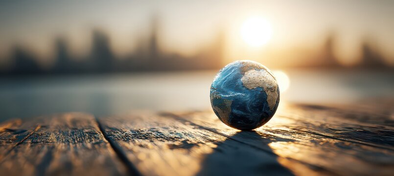 Blue earth globe on a weathered wooden table with blurred city skyline and warm sunset glow creating a global perspective with peaceful atmosphere
