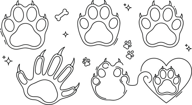 Animal paw print vector line icon set with wild beast claws dog bone elements and heart shaped decorations