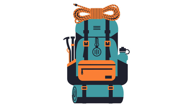 Teal backpack with orange accents, rope, poles, water bottle, and bedroll
