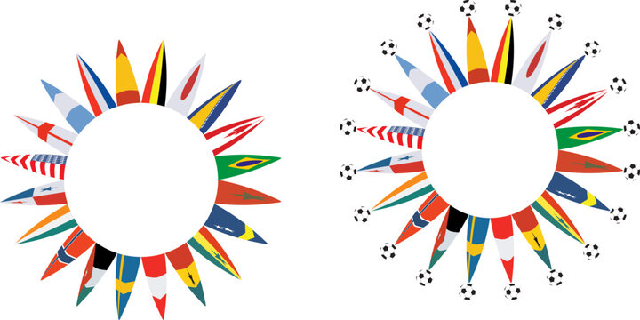 World flags circular wreath and soccer ball ring icons set. Simple vector illustration of international country flag pennants arranged in circles, creative global football sports tournament badge layo