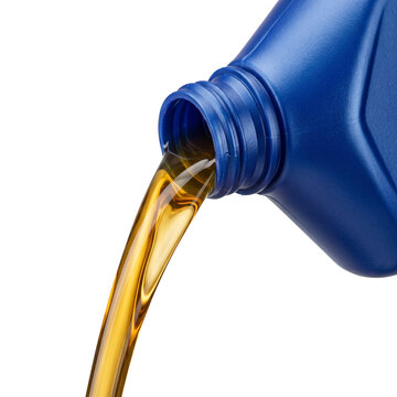 Motor oil pouring from a blue bottle against a white background.