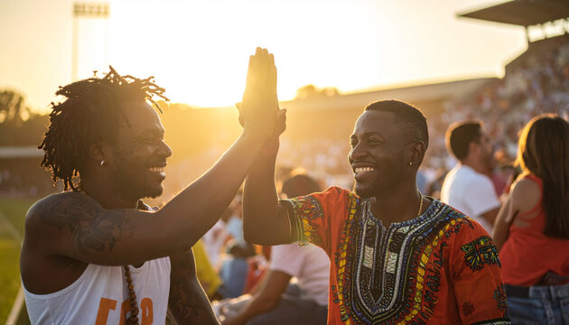 Two African Football Fans Giving High Five at Sunset Stadium Celebrating Goal with Joyful Expressions