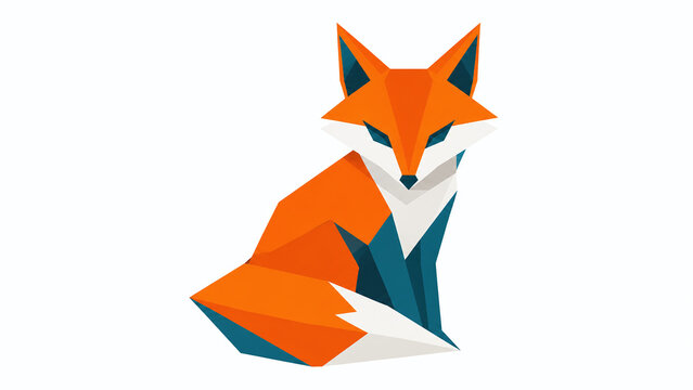 Geometric low poly orange fox illustration sitting in minimalist origami style on white background