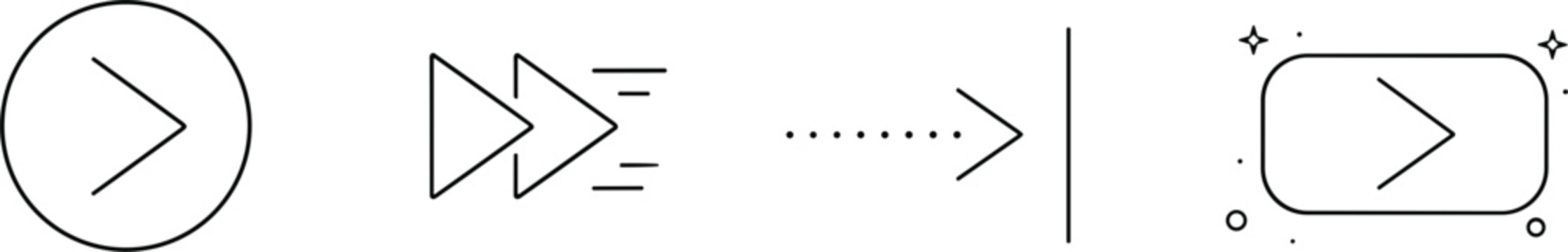 Fast forward arrow next skip media player control vector line icon set with user interface rounded navigation buttons