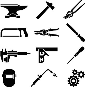 Assortment of black silhouette metalworking and DIY tools anvil hammer tongs hacksaw scissors file square screwdriver welding torch gears.