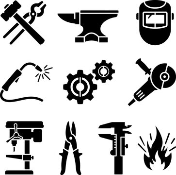 Metal workshop and foundry icons featuring crossed hammer and tongs anvil welding mask torch gears angle grinder drill press tin snips calipers and fire symbols.