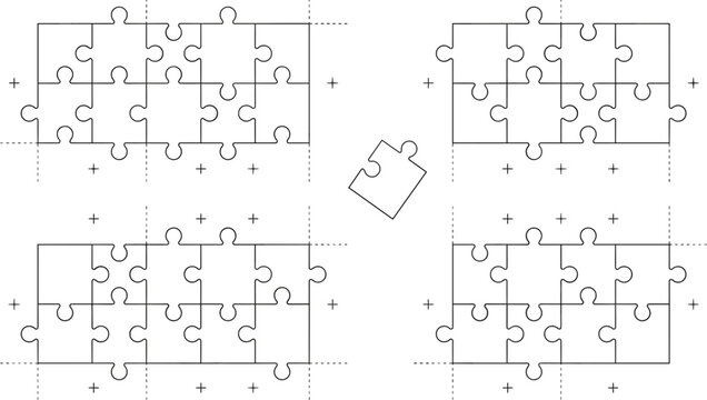 Jigsaw puzzle piece grid matrix vector line icon set with missing challenge piece solution strategy logic connection templates