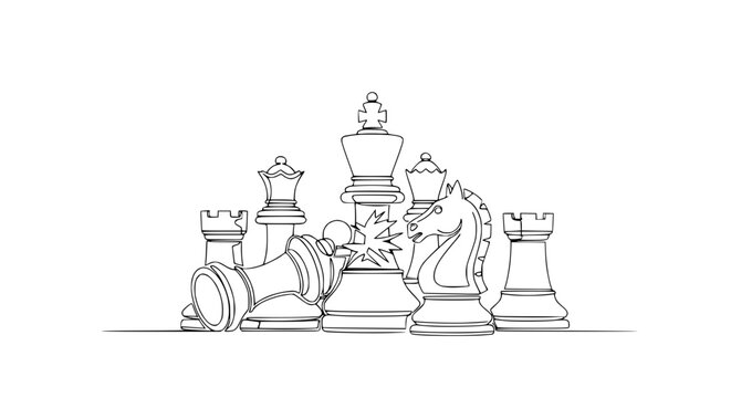 Chess Game Victory, King and Queen Defeated, Strategy Concept, Line Art