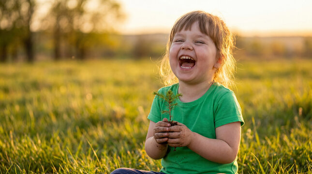 Desertification Day child volunteer holding tree seedling with joyful laughing expression for environmental protection awareness campaign education poster banner