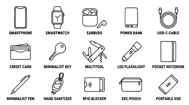 Minimalist everyday carry items vector graphic illustration set