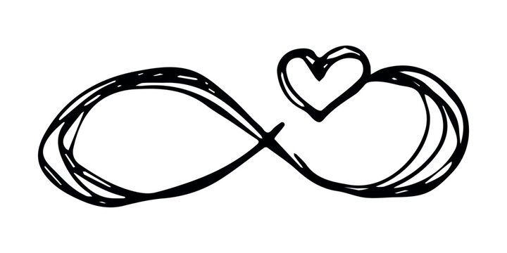 Hand drawn infinity sign with heart Eternal limitless unlimited infinite forever symbol Cycle endless life concept doodle For design print logo tattoo