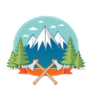 Flat design mountain landscape with axes and trees
