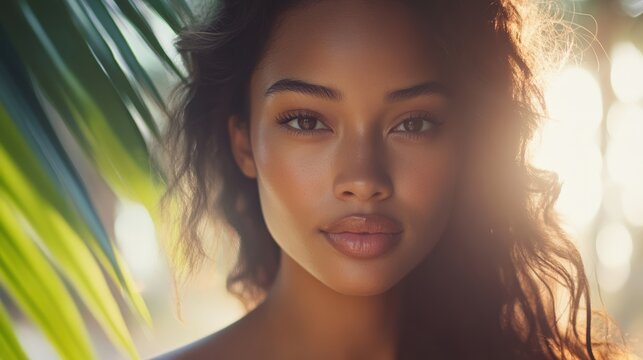 Stunning Pacific Islander woman with glowing radiant skin looking confidently at camera showcasing natural beauty and positive self-love empowerment concept