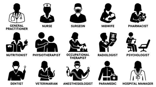 Vector illustration of various medical professionals in black and white