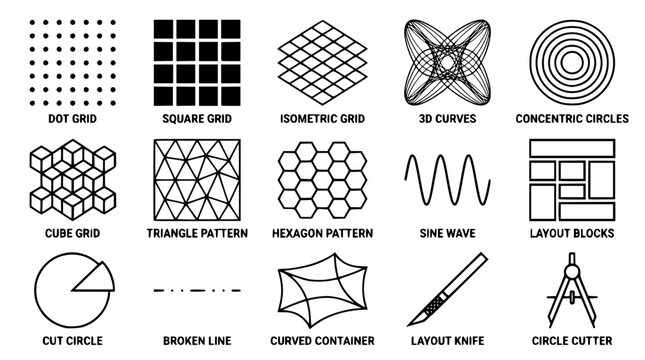 Various geometric patterns and shapes in a vector graphic illustration
