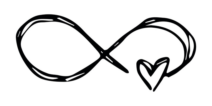 Hand drawn infinity sign with heart Eternal limitless unlimited infinite forever symbol Cycle endless life concept doodle For design print logo tattoo