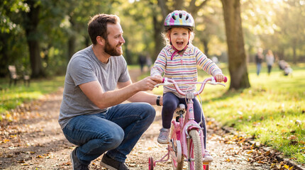 Obraz premium Father's Day teaching moment with dad helping daughter learn bicycle riding for family bonding milestone greeting card poster banner
