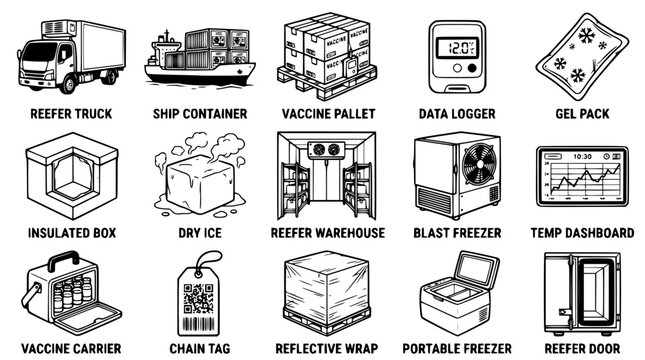 Vector graphic illustration of cold chain logistics and transportation equipment