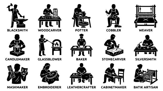 Various traditional craftspeople at work in vector graphic illustration