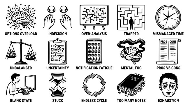 Vector graphic illustration of various mental states and challenges concept