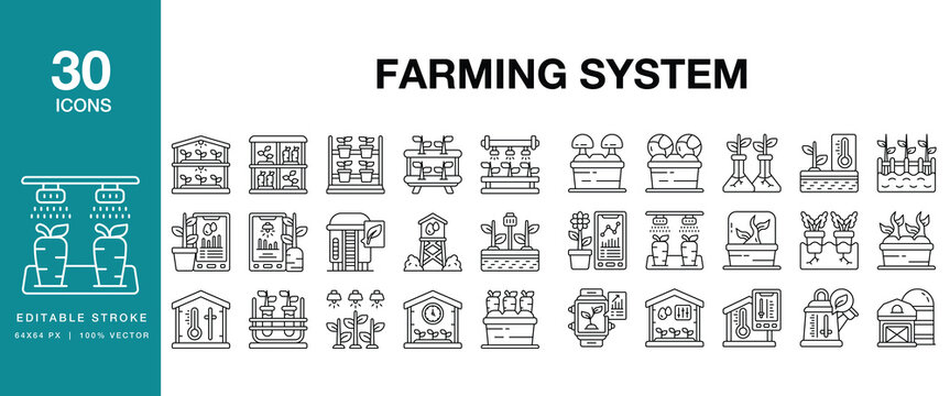 Farming System icon set. Includes farming, agriculture, cultivation, agronomy, crops and More. Editable Stroke Icon Collection.
