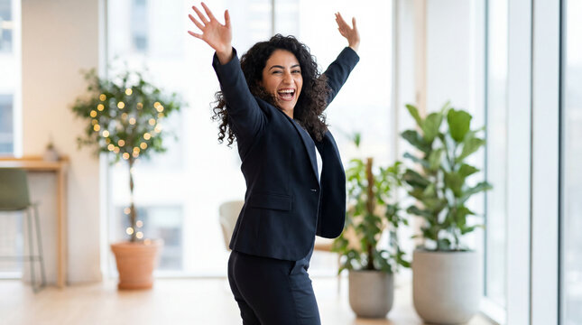 Christmas office celebration with businesswoman jumping dancing energetically for joyful corporate holiday greeting card poster magazine cover design