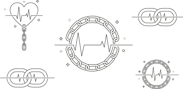 Medical health connection and heartbeat pulse vector line icon set with chain links heart shape ecg cardiogram elements