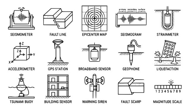 Vector illustration of various earthquake monitoring and measurement devices