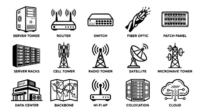 Vector graphic illustration of various network infrastructure components and devices