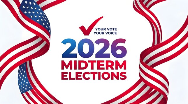 2026 Midterm Elections graphic with American flags and the slogan "Your Vote Your Voice".
