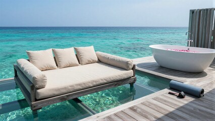 Fototapeta premium Luxury beachside lounge with infinity pool and bathtub overlooking