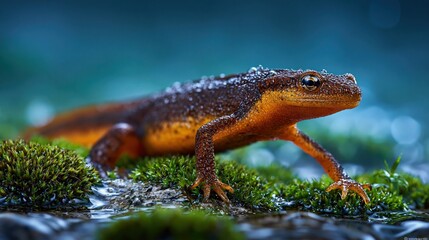 Fototapeta premium Vibrant Newt on Mossy Ground in Nature
