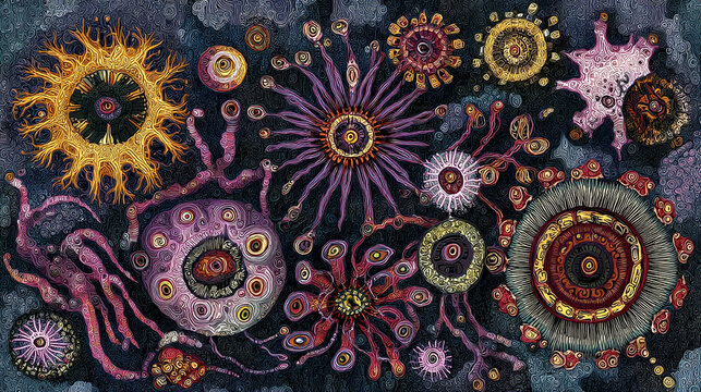 Abstract microscopic cell pattern with circular organisms and tentacles