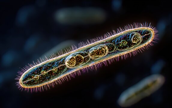 Single paramecium swimming through water displaying active cilia movement and detailed cellular structure under microscope, perfect for microbiology education and scientific learning concept.