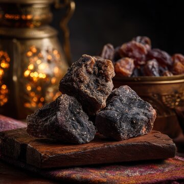 Natural myrrh resin chunks carefully arranged to showcase authentic texture and organic elements, perfect for traditional medicine production and sacred aromatherapy incense manufacturing concept.