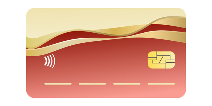 Luxury red and gold credit card mockup with EMV chip isolated on white background. Blank plastic debit card template layout with elegant wave design for bank payment.