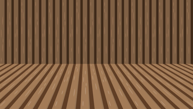 Empty wooden room background texture vector illustration. Abstract studio stage layout with vertical wall planks and perspective timber floorboards for product display mockup.