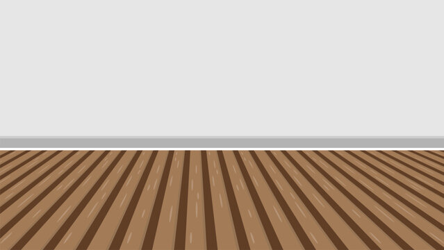 Modern empty room background texture vector illustration. Abstract studio stage layout with white wall and perspective wooden parquet floorboards for product display mockup.
