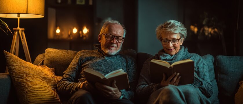 Senior couple enjoying quiet evening at home reading books in comfortable living room setting perfect for peaceful retirement lifestyle and contentment concept.