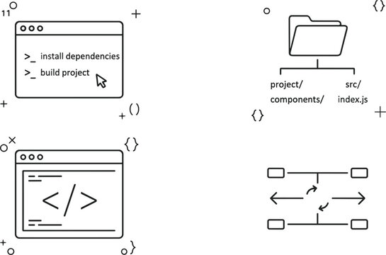 Web development coding and project build vector line icon set with software programming terminal folder structure and workflow