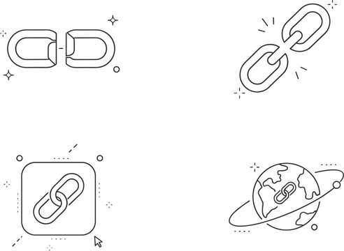 Website hyperlink chain link vector line icon set with broken url connection global network planet earth button cursor