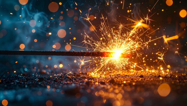 Close-up of a Sparkler Igniting with Vibrant Orange Sparks and Bokeh Lights.