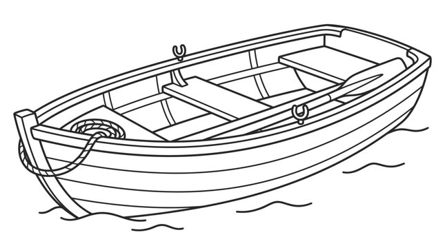 Rowboat with Oars and Rope, Simple Line Art Illustration