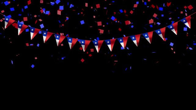 Chilean flags waving with falling confetti, Alpha Channel, September 18th celebration, chile banderines 