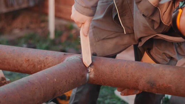 Worker cleans freshly welded steel pipe connection with hand tool after welding process. Closeup of metal fabrication, weld inspection and surface finishing during construction and repair work.